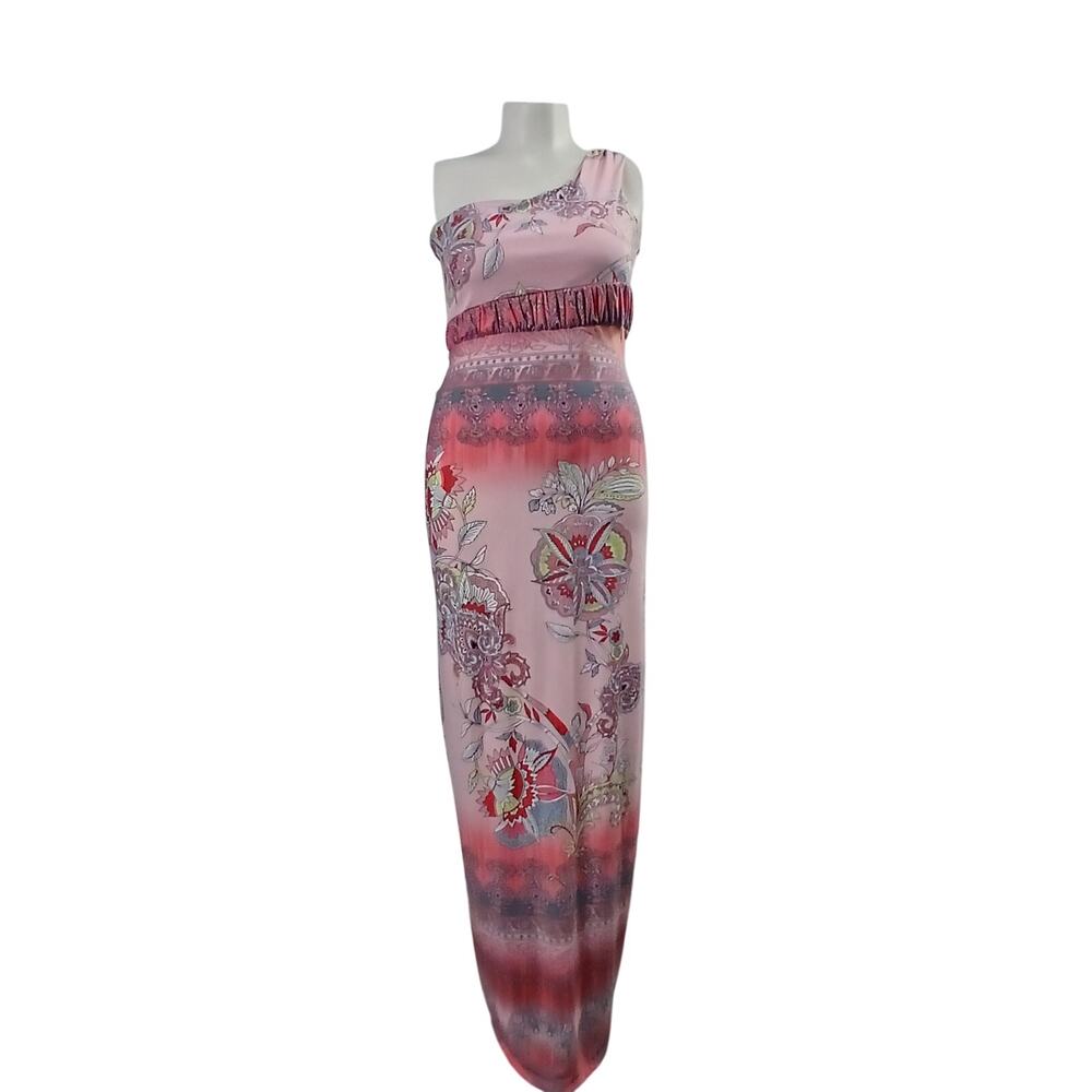 XOXO One Shoulder Floral Paisley Maxi Dress Pink Coral Size Large L